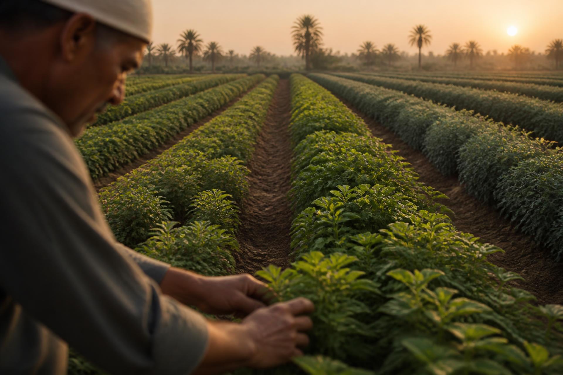 Farmer tending cultivated herb rows
