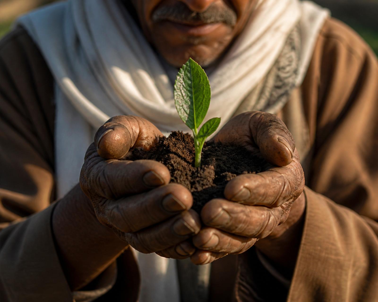 Hands holding young plants